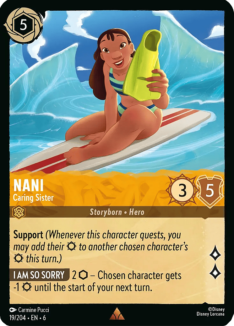 Nani offers some surfing advice via Nani, Caring Sister (Card #019), Disney Lorcana - Azurite Sea (2024), Ravensburger. Art by Carmine Pucci.