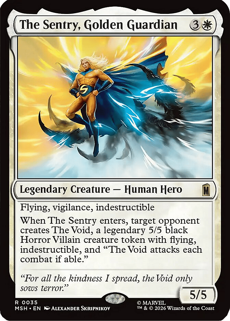 Robert Reynolds (and The Void) make their triumphant return via The Sentry, Golden Guardian (Card #035), Magic: The Gathering - Marvel Super Heroes (2026), Wizards of the Coast. Art by Alexander Skripnikov.