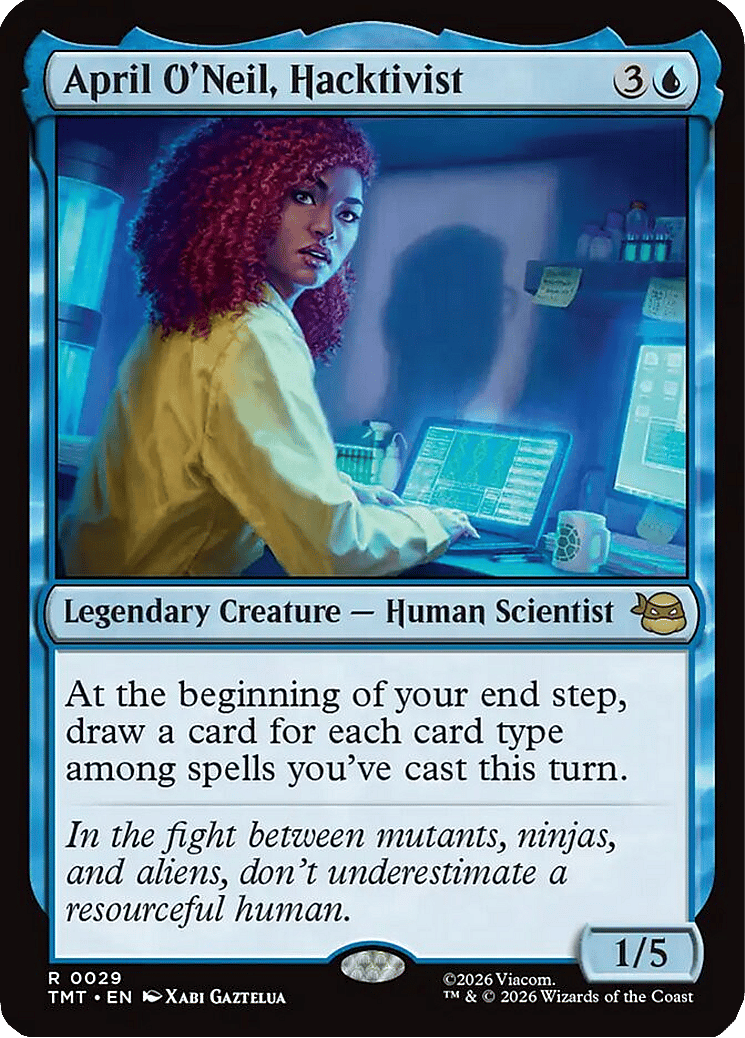 April attempts to hack into Dr. Stockman's files via April O'Neil, Hacktivist (Card #029), Magic: The Gathering – Teenage Mutant Ninja Turtles (2026), Wizards of the Coast. Art by Xabi Gaztelua.