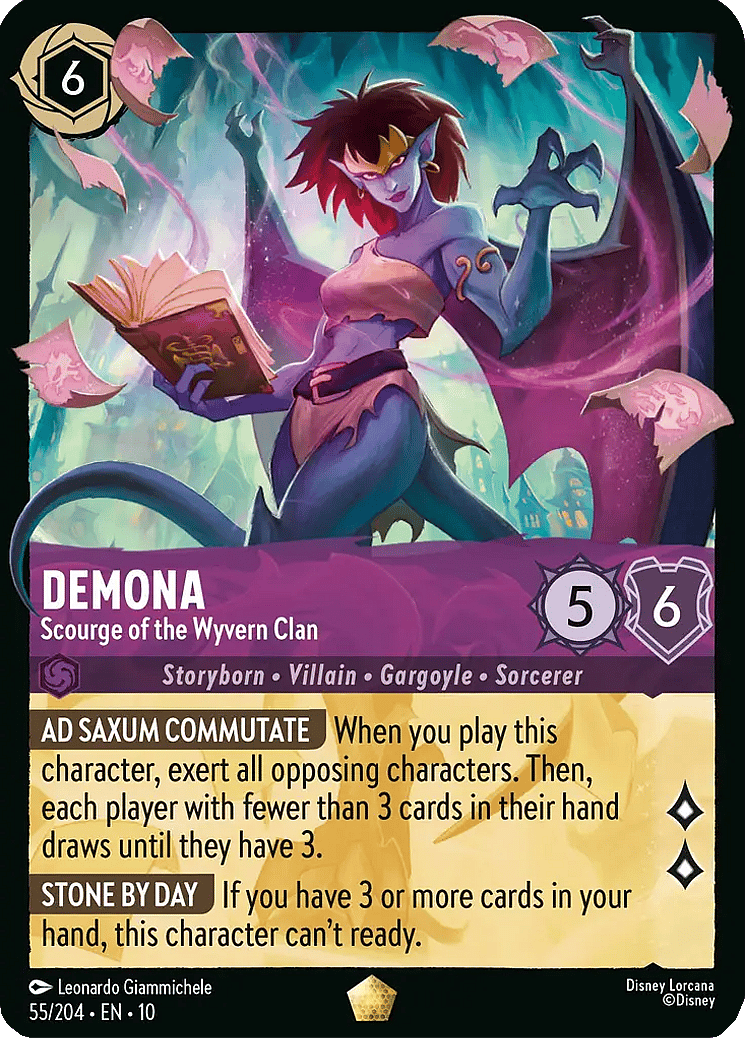 Demona unleashes the power of the Grimorum Arcanorum via Demona, Scourge of the Wyvern Clan (Card #055), Disney Lorcana - Whispers in the Well (2025), Ravensburger. Art by Leonardo Giammichele.