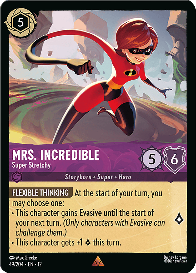 Helen Parr suits up once more via Mrs. Incredible, Super Stretchy (Card #049), Disney Lorcana - Wilds Unknown (2026), Ravensburger.