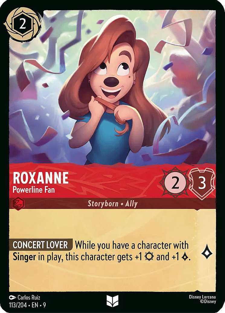 Roxanne finds herself the center of Max's affections via Roxanne, Powerline Fan (Card #019), Disney Lorcana - Fabled (2025), Ravensburger. Art by Carlos Ruiz.