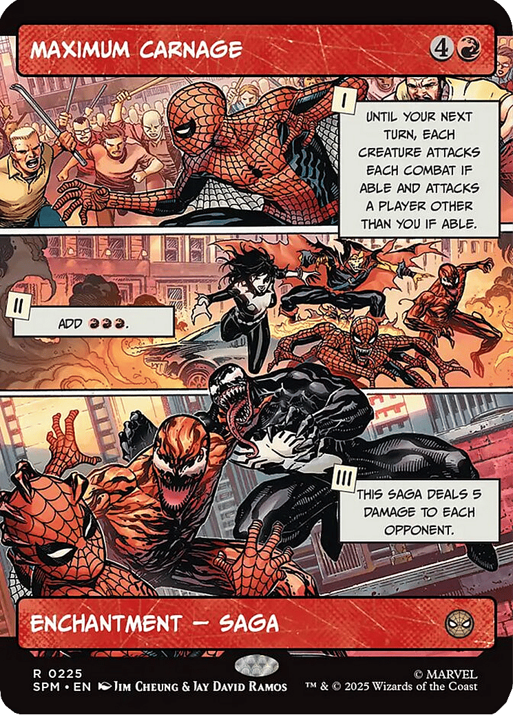 All-out Symbiote war breaks out via Maximum Carnage (Card #225) Magic: The Gathering – Marvel’s Spider-Man (2025), Wizards of the Coast. Art by Jim Cheung and Jay David Ramos.