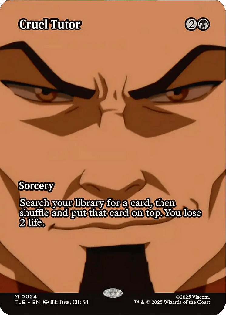 Fire Lord Ozai (Mark Hamill) smiles as everything goes according to keikaku via Cruel Tutor (#024), Mystic Remora (Card #016), Magic: The Gathering - Avatar: The Last Airbender Eternal (2025), Wizards of the Coast. Art by Viacom.