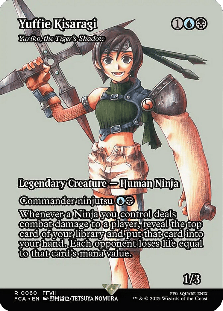 The White Rose of Wutai is ready to join the fight against Shinra via Yuffie Kisuragi (Card #060), Magic: The Gathering - Final Fantasy (2025), Wizards of the Coast. Art by Tetsuya Nomura.