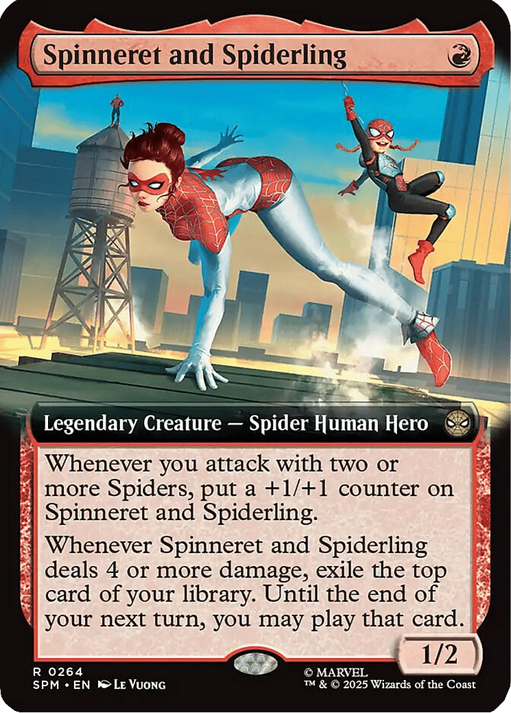 MJ and Annie-May patrol New York's skyline via Spinneret and Spiderling (Card #264) Magic: The Gathering – Marvel’s Spider-Man (2025), Wizards of the Coast. Art by Le Vuong.