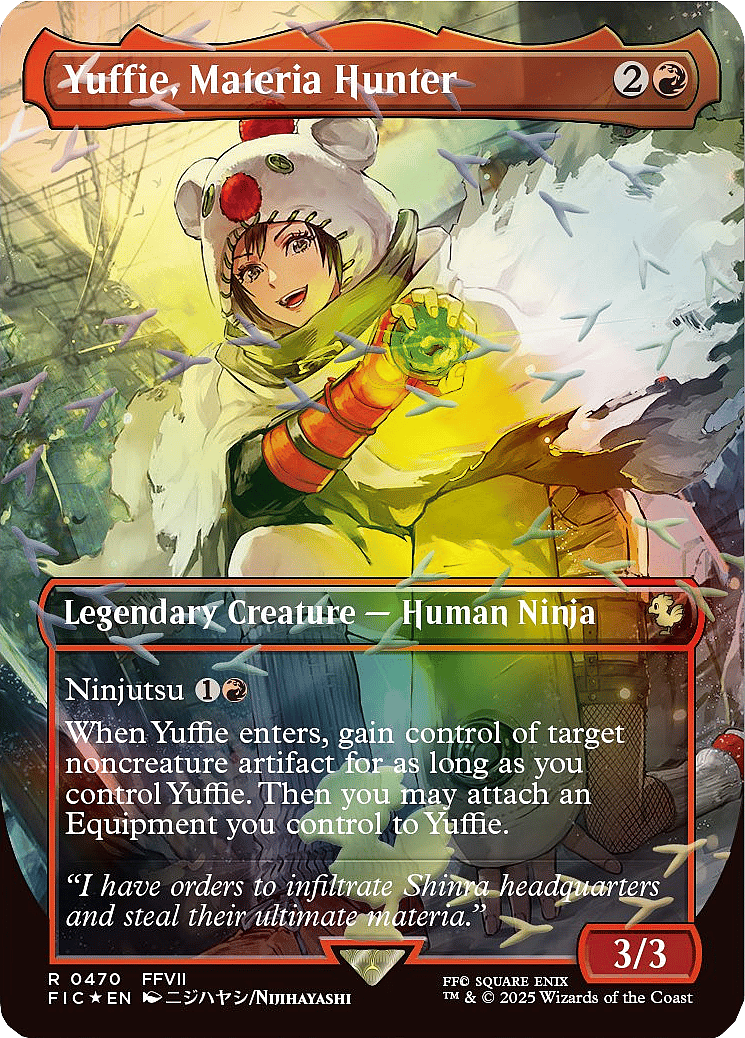 The White Rose of Wutai cuts through via Yuffie, Materia Hunter (Card #470), Magic: The Gathering - Final Fantasy Commander (2025), Wizards of the Coast. Art by Nijihayashi.