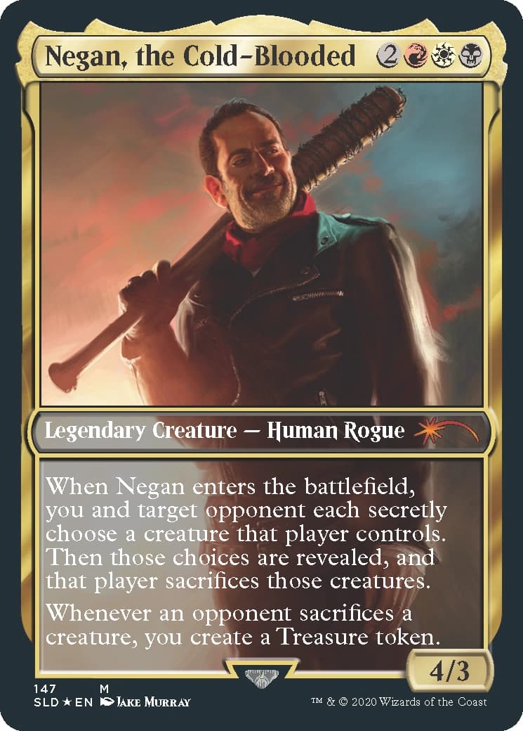 Negan takes Lucille for a walk via Card #147, Magic: The Gathering - Secret Lair - The Walking Dead (2020), Wizards of the Coast. Art by Jake Murray.