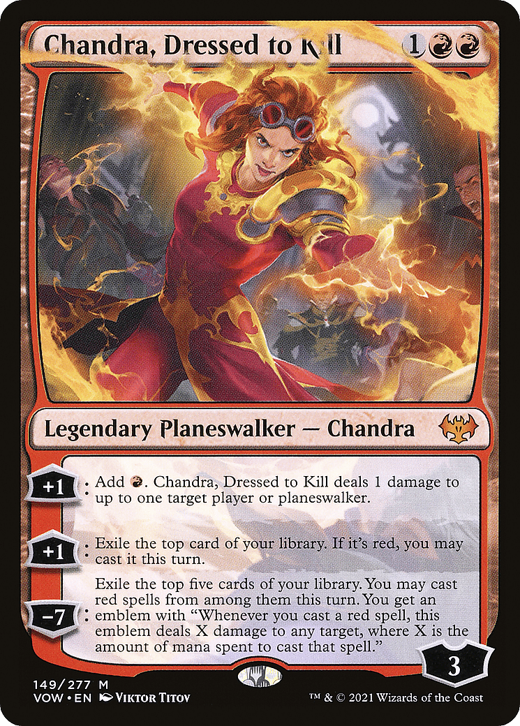 Chandra, Dressed to Kill via Card #149, Innistrad: Crimson Vow (2021), Wizards of the Coast. Art by Viktor Titov.