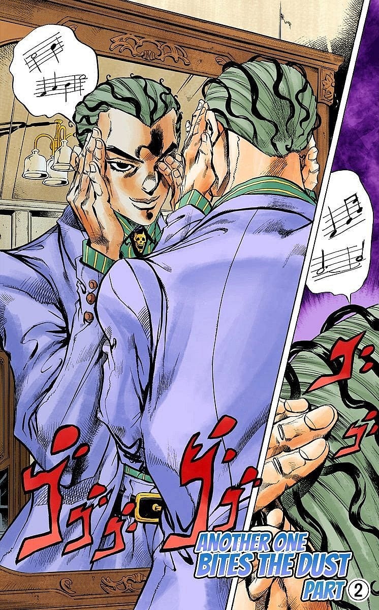 Yoshikage Kira admires his new body in JoJo's Bizarre Adventure Part 4: Diamond is Unbreakable Chapter 154 "Another One Bites the Dust Part 2" (1996), Shueisha. Words and Art by Hirohiko Araki.