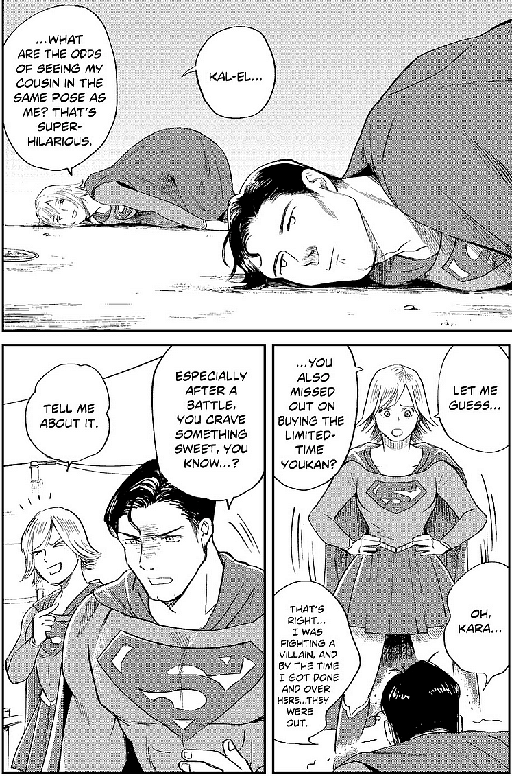 Superman and Supergirl despair over missing a limited-time youkan sale in Superman vs. Meshi Ch. 20 (2025), DC. Words by Satoshi Miyagawa, art by Kai Kitago.