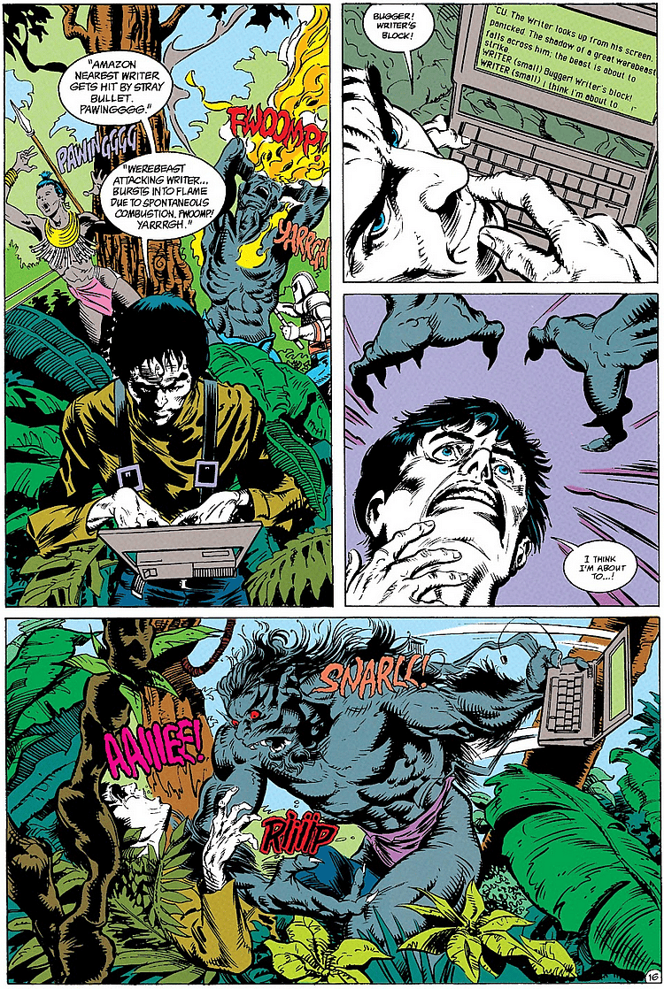 The Writer (Grant Morrison) catches a fatal case of writer's block in Suicide Squad Vol. 1 #58 "Suicide Attack!" (1991), DC. Words by John Ostrander and Kim Yale, art by Geof Isherwood, Robert Campanella, Tom McCraw, and Todd Klein.