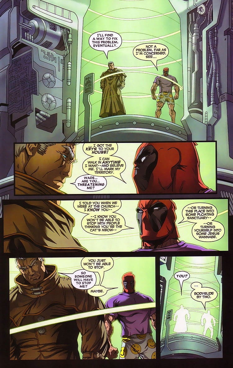 Wade vows to stop Cable, no matter what the cost in Cable & Deadpool Vol. 1 #6 "If Looks Could Kill, Part 6: I've Got You Under My Skin" (2004), Marvel Comics. Words by Fabian Nicieza, art by Patrick Zircher, Rob Ross, M3th, Shane Law, Kevin Yan, and Cory Petit.