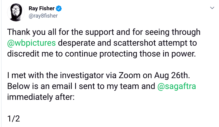 Warner Bros. statement on Ray Fisher's accusations against Joss Whedon and Geoff Johns