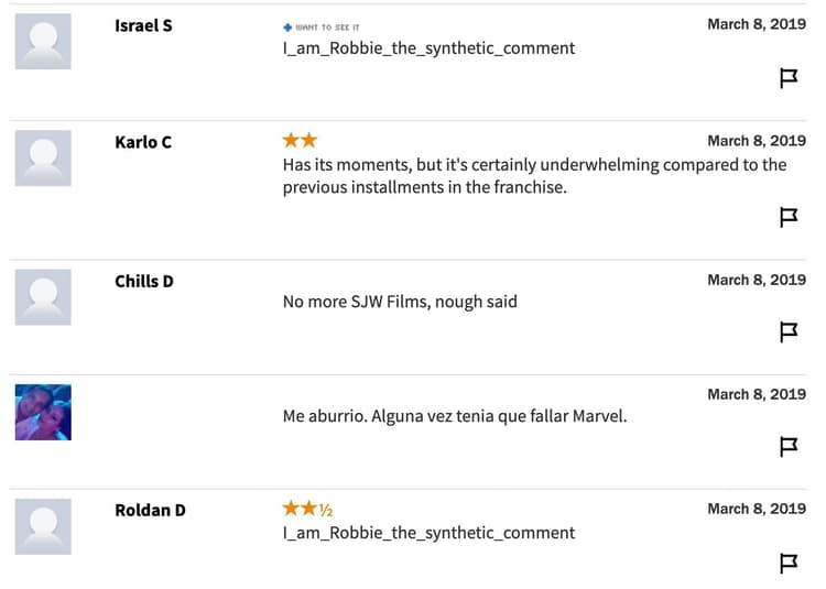 Rotten Tomatoes Captain Marvel bot comments