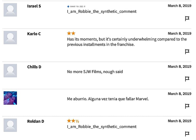 Rotten Tomatoes Captain Marvel bot comments