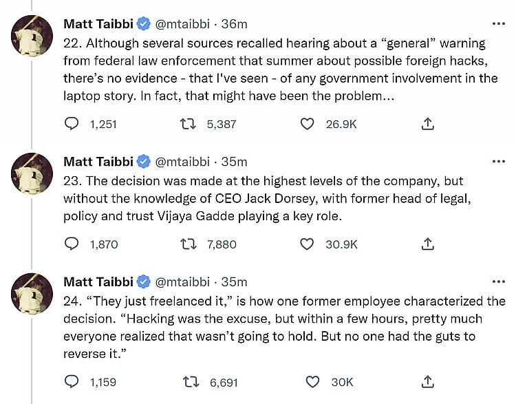 Matt Taibbi discusses Twitter's 2020 election interference on his Twitter account