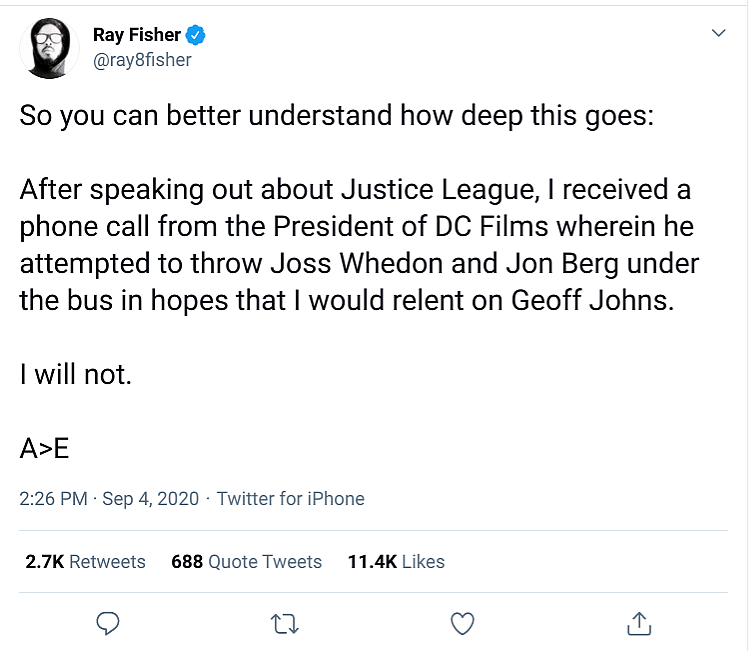 Warner Bros. statement on Ray Fisher's accusations against Joss Whedon and Geoff Johns