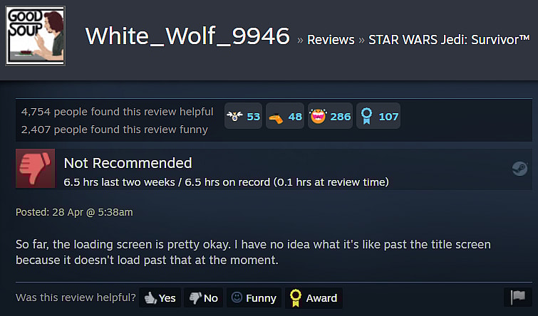 White_Wolf_9946 gives their review for Star Wars Jedi: Survivor via Steam