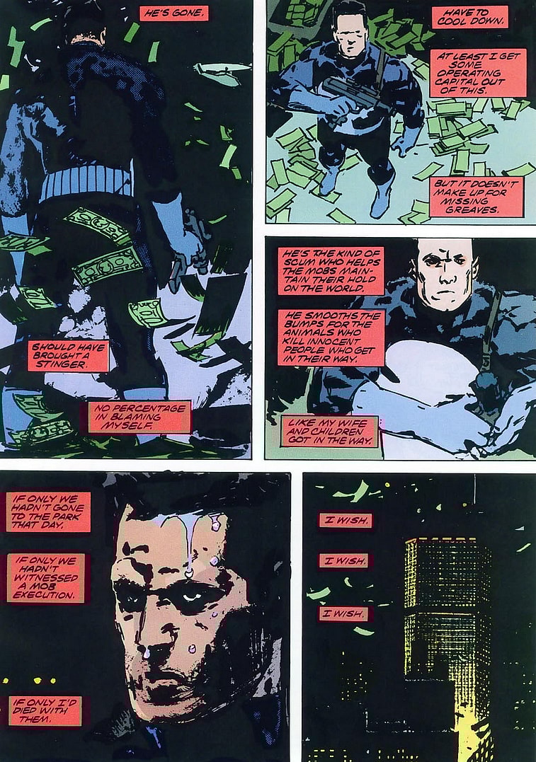Frank Castle has a moment of reflection following a slightly-botched mission in Marvel Graphic Novel #64 - The Punisher: Kingdom Gone (1990), Marvel Comics. Words by Chuck Dixon, art by Jorge Zaffino, John Wellington, Nick Jainschigg, and Ken Lopez.