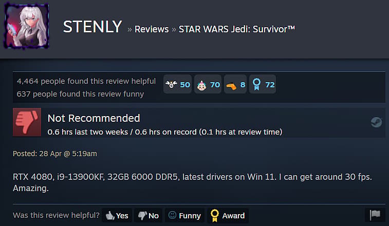 STENLY gives their review for Star Wars Jedi: Survivor via Steam