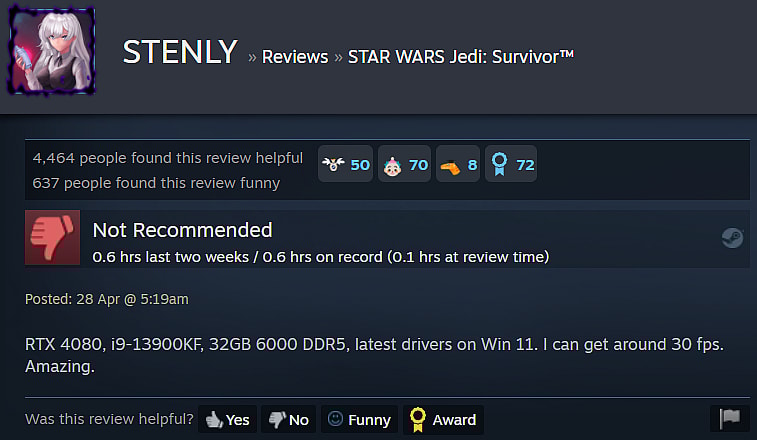 STENLY gives their review for Star Wars Jedi: Survivor via Steam