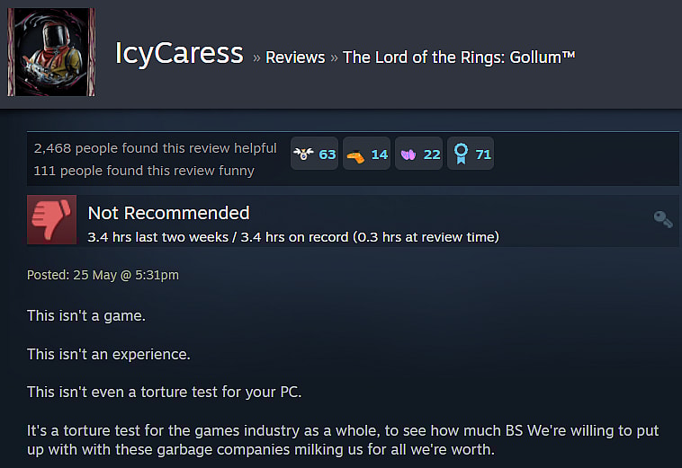 IcyCaress offers their review for The Lord of the Rings: Gollum via Steam