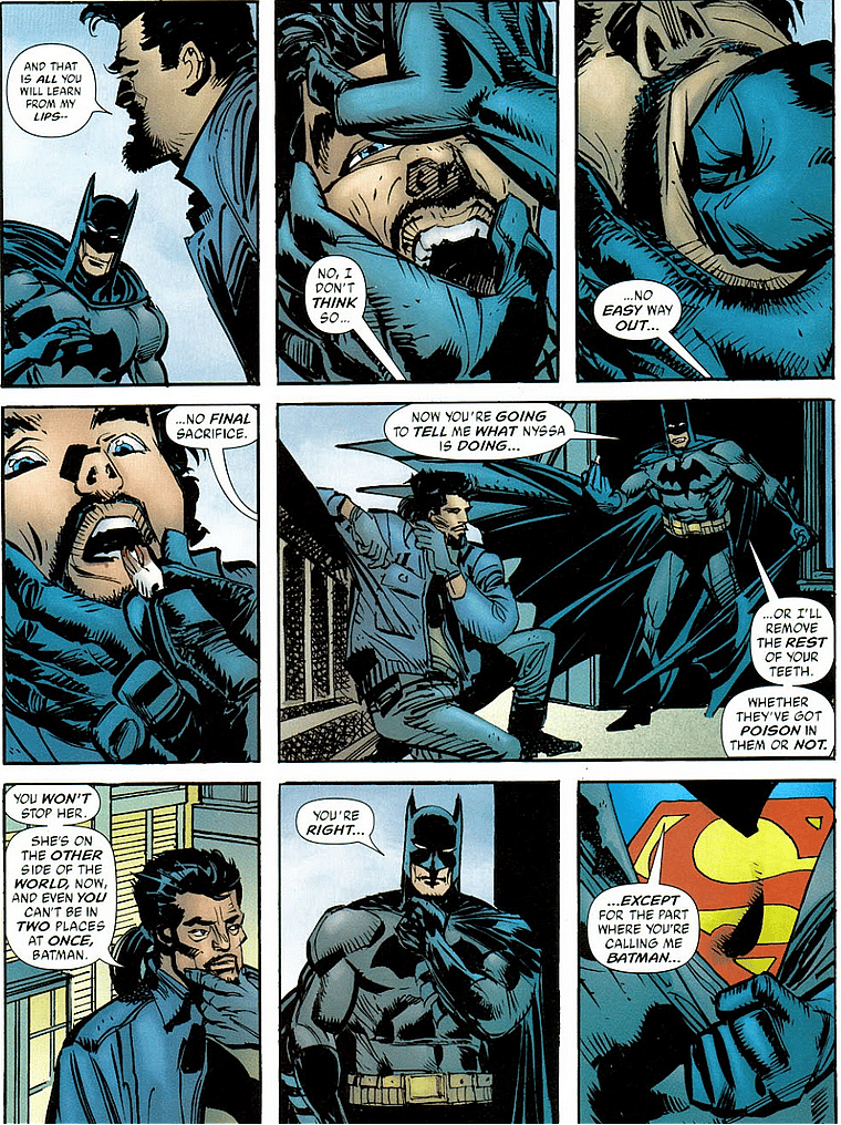 Superman prevents one of Nyssa al Ghul's assassin from evading questioning in Batman: Death and the Maidens Vol. 1 #9 (2003), DC. Words by Greg Rucka, art by Klaus Janson, Steve Buccellato, and Clem Robins.