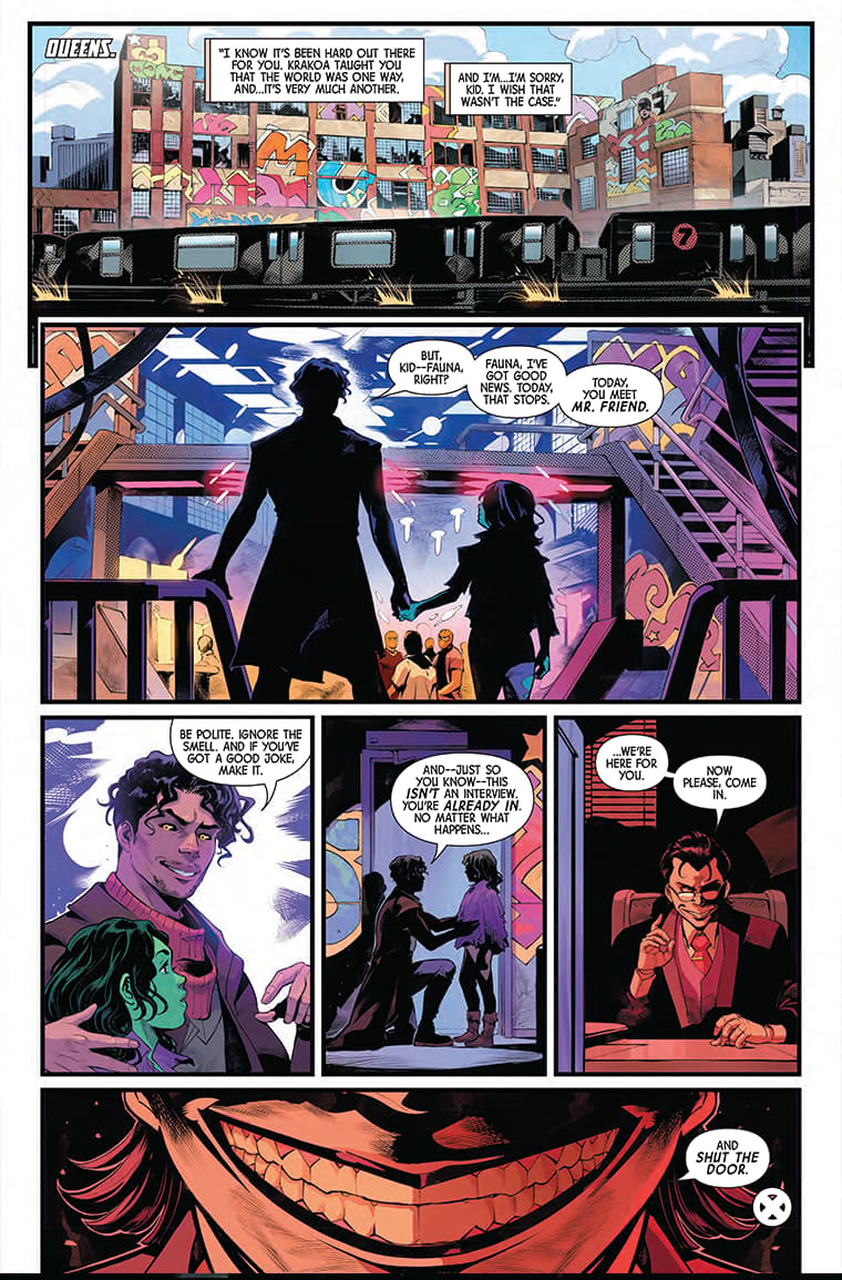 Fauna has a face-to-face meeting with Mr. Friend in NYX Vol. 2 #1 (2024), Marvel Comics. Words by Collin Kelly and Jackson Lanzing, art by Francesco Motarino, Raúl Angulo, and Joe Sabino.