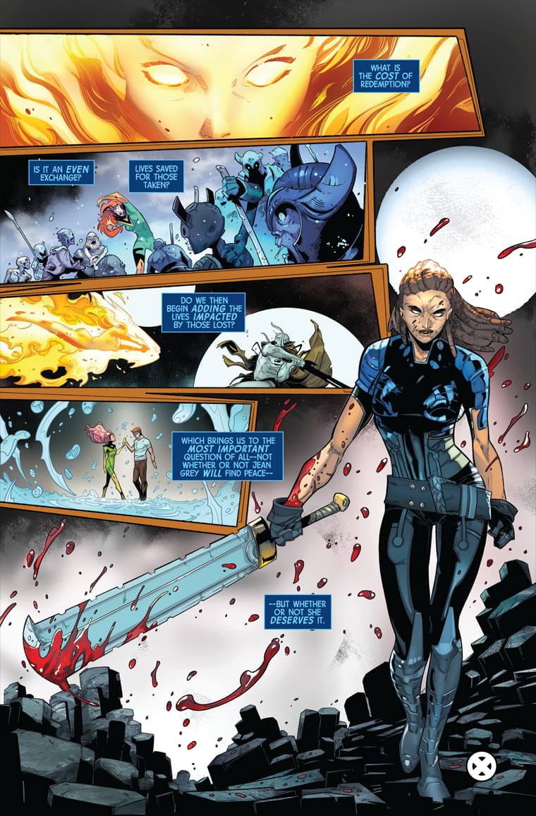 A new enemy emerges with an axe to grind against Jean Grey in Phoenix Vol. 1 #1 (2024), Marvel Comics. Words by Stephanie Phillips, art by Alessandro Mracolo, David Curiel, and Cory Petit.