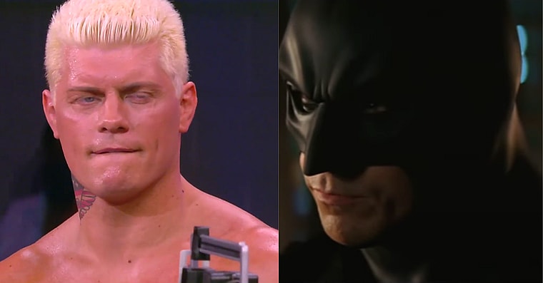Cody Rhodes on AEW Dynamite in 2021 and Christian Bale in Batman Begins (2005), Warner Bros.