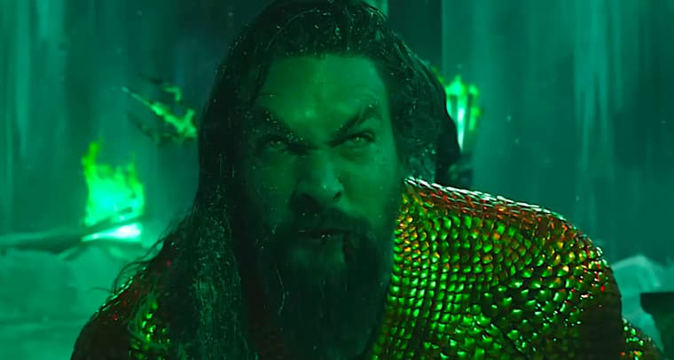 A revengeful Aquaman (Jason Momoa) stands in front of Black Manta (Yahya Abdul-Mateen) in Aquaman and the Lost Kingdom (2023), Warner Bros. Pictures