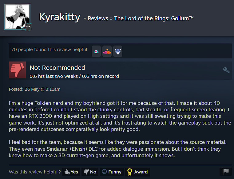 Kyrakitty expresses their disappointment in The Lord of the Rings: Gollum via Steam
