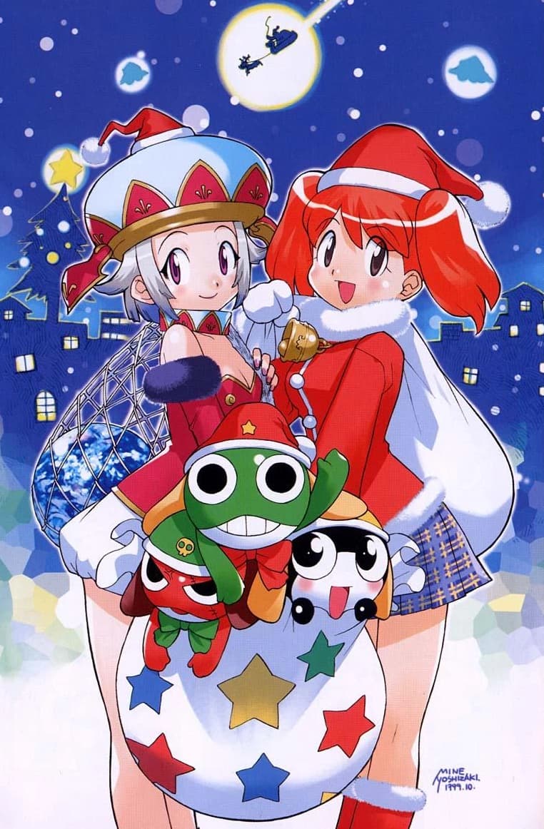 Angol, Natsumi, Giroro, Keroro, and Tamama celebrate the Christmas season on Mine Yoshizaki's color pin-up to Keroro Gunso (Sgt. Frog) Vol. 2 (2000), Kadokawa
