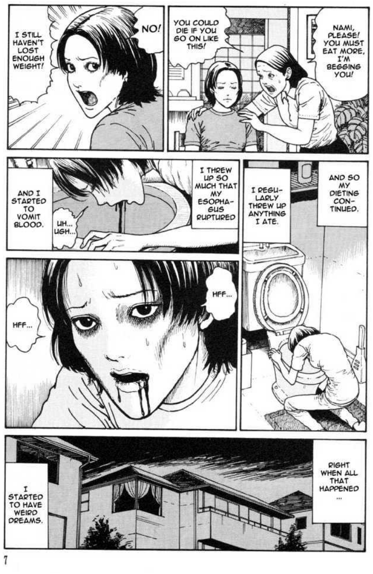 Nami throwing up blood in Voices in the Dark Volume 1 Chapter 1 "Blood Slurping Darkness" (2002), Nemuki. Words and Art by Junji Ito via Digital Issue