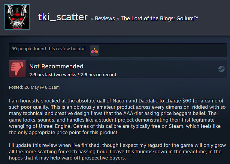 tki_scatter expresses their disgust with The Lord of the Rings: Gollum via Steam