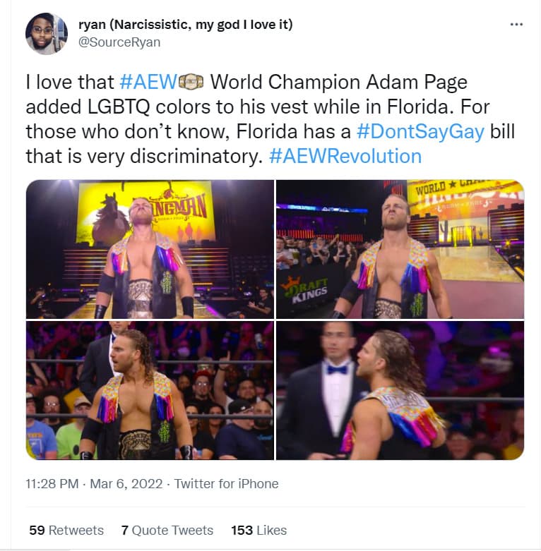 Adam Page wearing rainbow-colored vest during AEW wrestling match in Florida