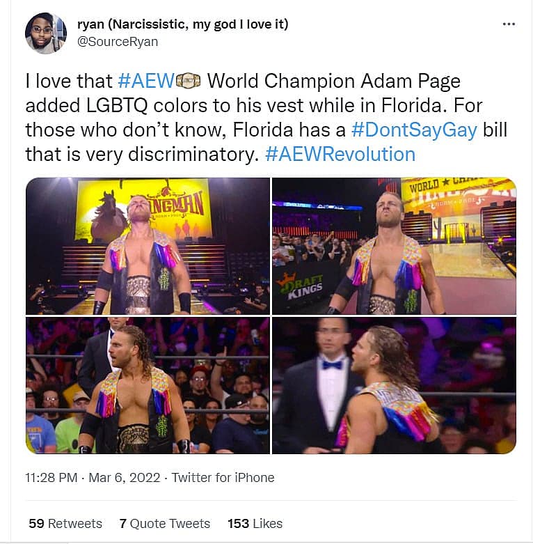 Adam Page wearing rainbow-colored vest during AEW wrestling match in Florida