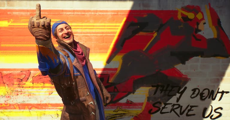 Captain Boomerang (Daniel Lapaine) flips off camera in Suicide Squad: Kill the Justice League