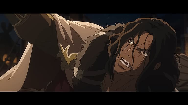 Wulf (Luca Pasqualino) swears vengeance on King Hammerhand (Brian Cox) in The Lord of the Rings