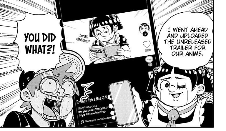 Roboco reveals the source of her TikTok popularity via Me &Roboco Chapter 113 "TikTok & Roboco" (2022), Shueisha. Words and Art by Shuhei Miyazaki.
