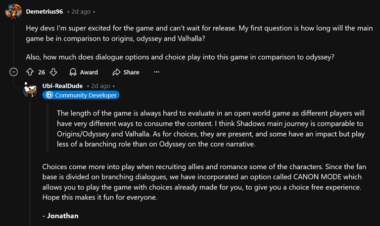 Ubisoft dev Jonathan Dumont offers insight into Assassin's Creed Shadows on Reddit