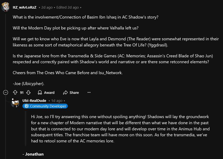 Ubisoft dev Jonathan Dumont offers insight into Assassin's Creed Shadows on Reddit