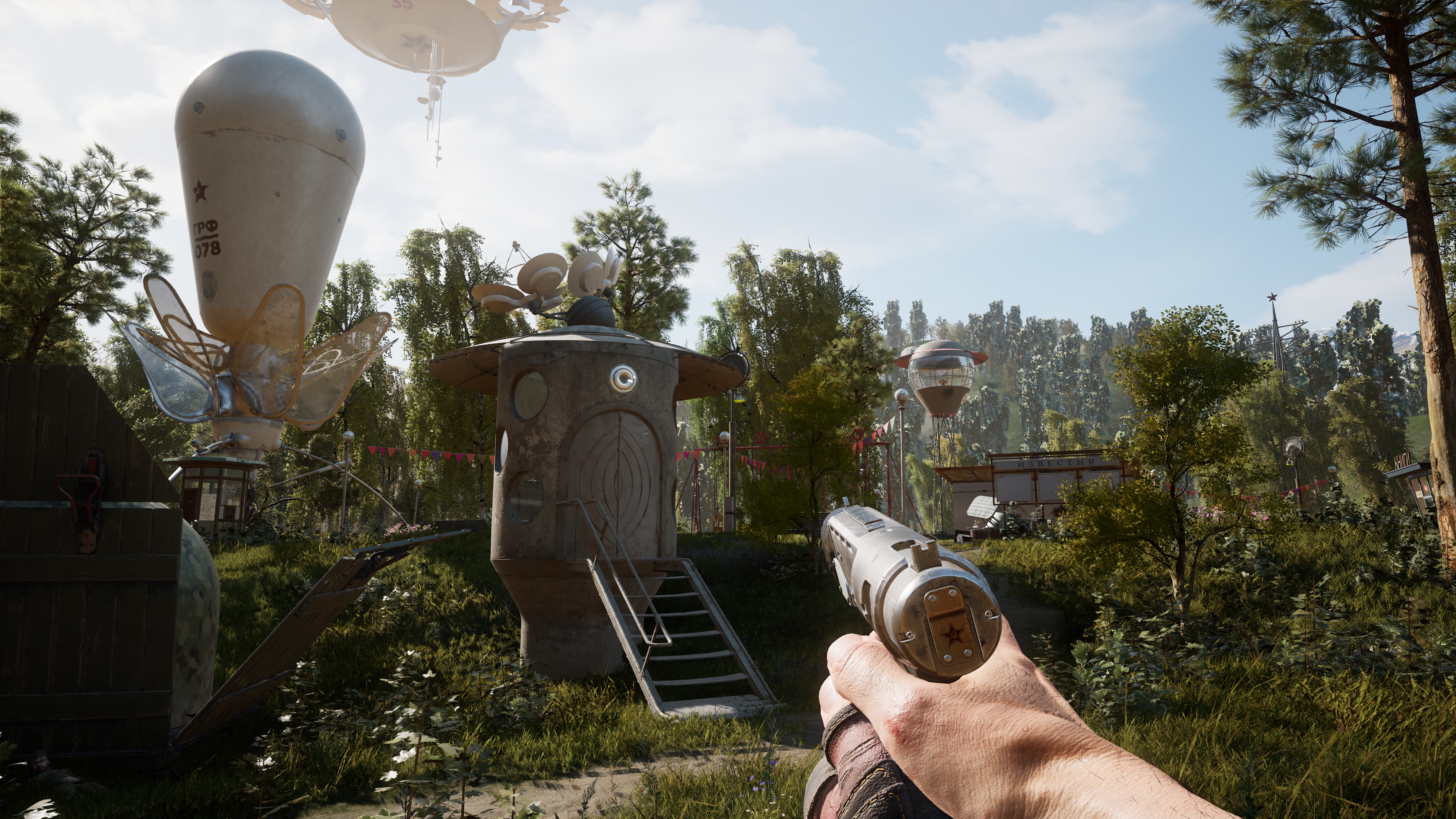 The player draws their pistol in a forest, maintained by machines via Atomic Heart (2023), Focus Entertainment
