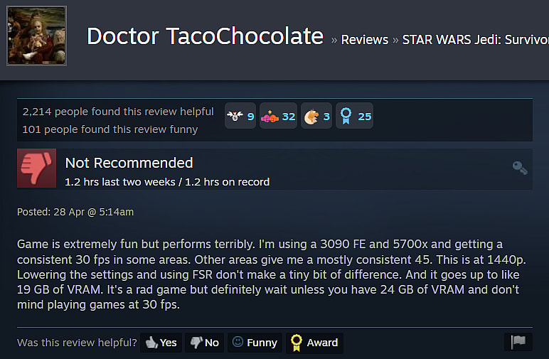 Doctor TacoChocolate gives their review for Star Wars Jedi: Survivor via Steam
