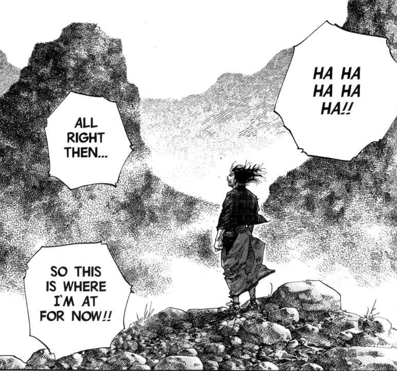Miyamoto Musashi completes his climb in Vagabond Ch. 109 "Sea of Clouds" (2001), Kodansha. Words and art by Takehiko Inoue via digital issue