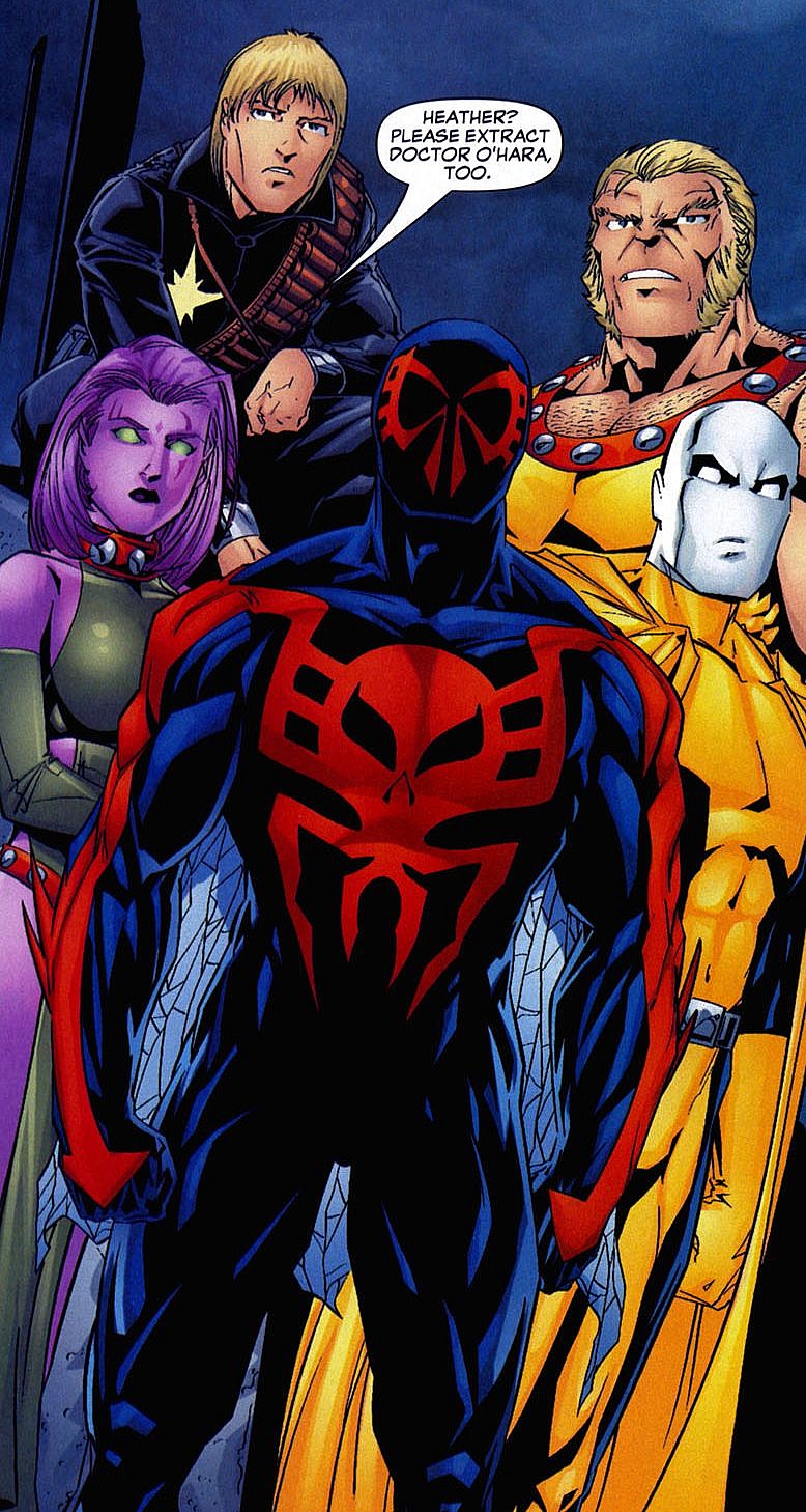 Spider-Man 2099 joins the team in Exiles Vol. 1 #76 "World Tour: 2099 (Conclusion)" (2006), Marvel Comics. Words by Tony Bedard, art by Jim Calafiore, Mark McKenna, Tom Chu, and Dave Sharpe.