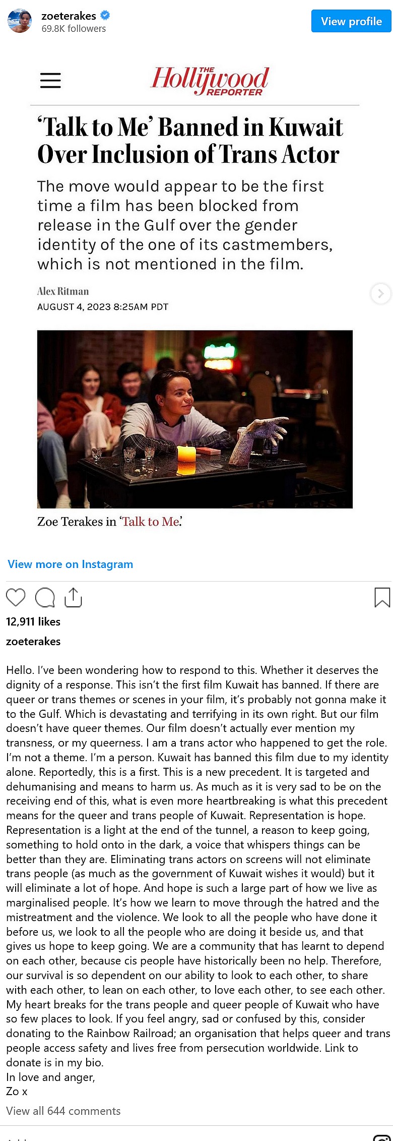 Zoe Terakes responds to Kuwait's banning of Talk to Me