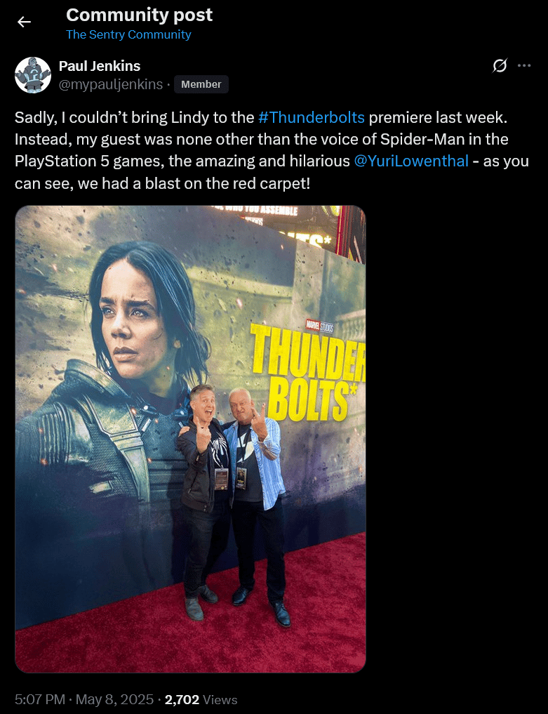 Paul Jenkins hangs out with Yuri Lowenthal at the 'Thunderbolts' red carpet.