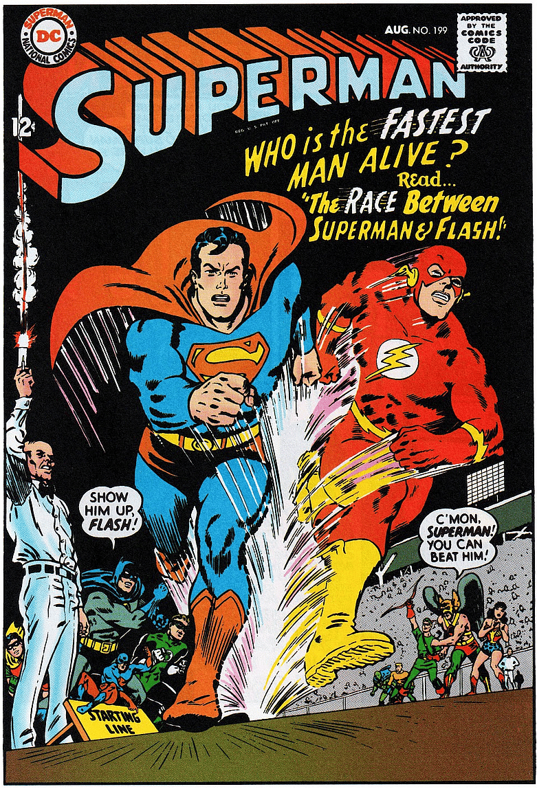 The Man of Steel and the Scarlet Speedster face off on Carmine Infantino and Murphy Anderson's cover to Superman Vol. 1 #199 "Superman's Race With the Flash!" (1967), DC